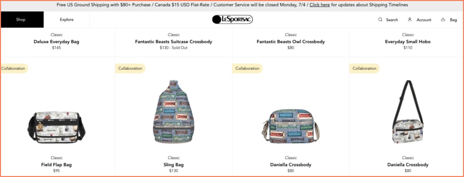 le sport sac product recommendation example