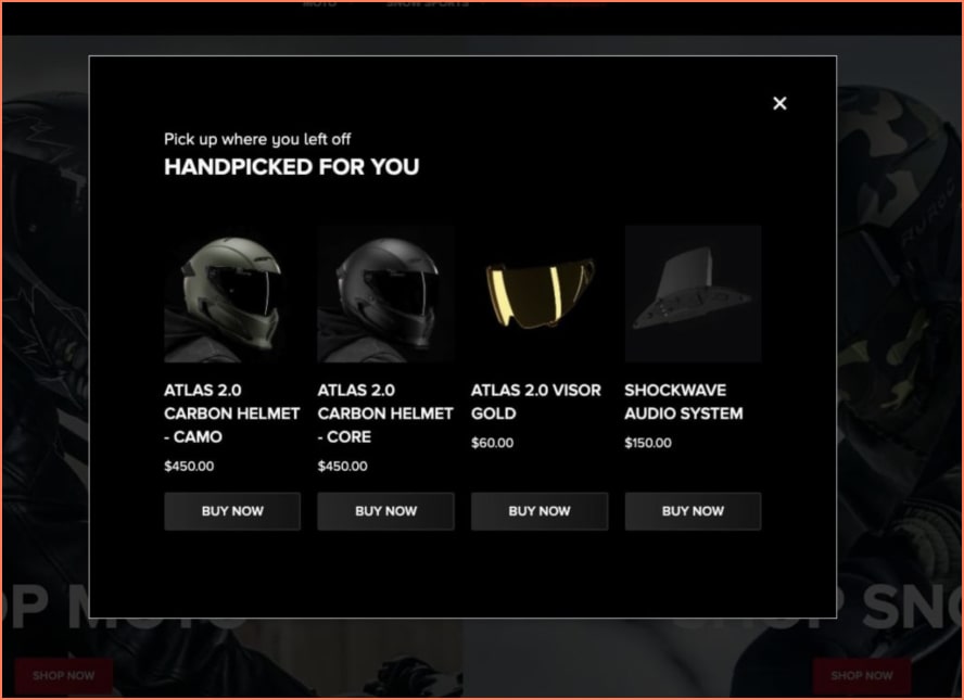 ruroc eCommerce recommendation popup example