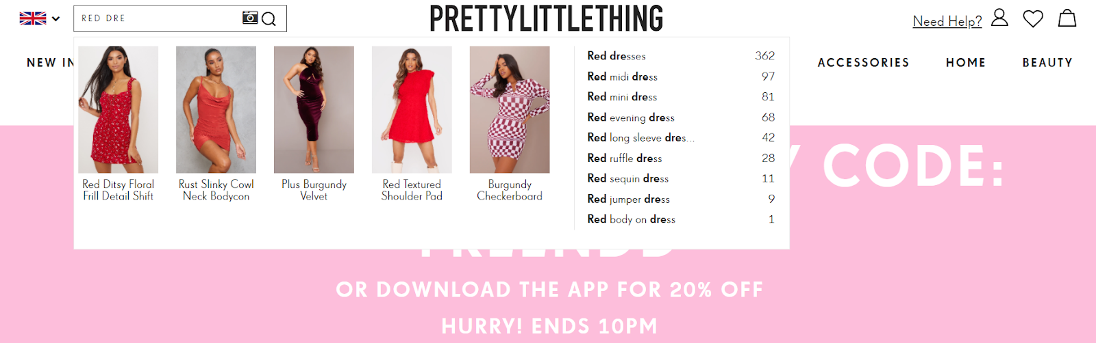 Example of site search by PrettyLittleThing
