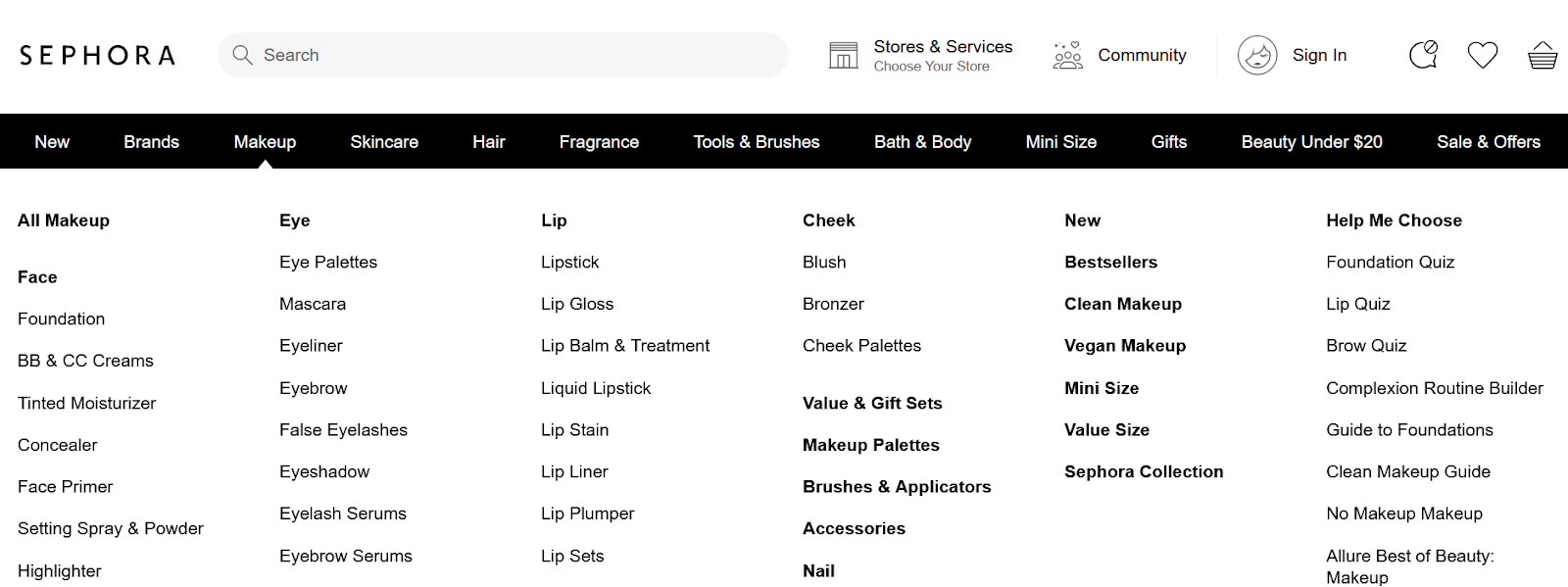 Product categories by Sephora