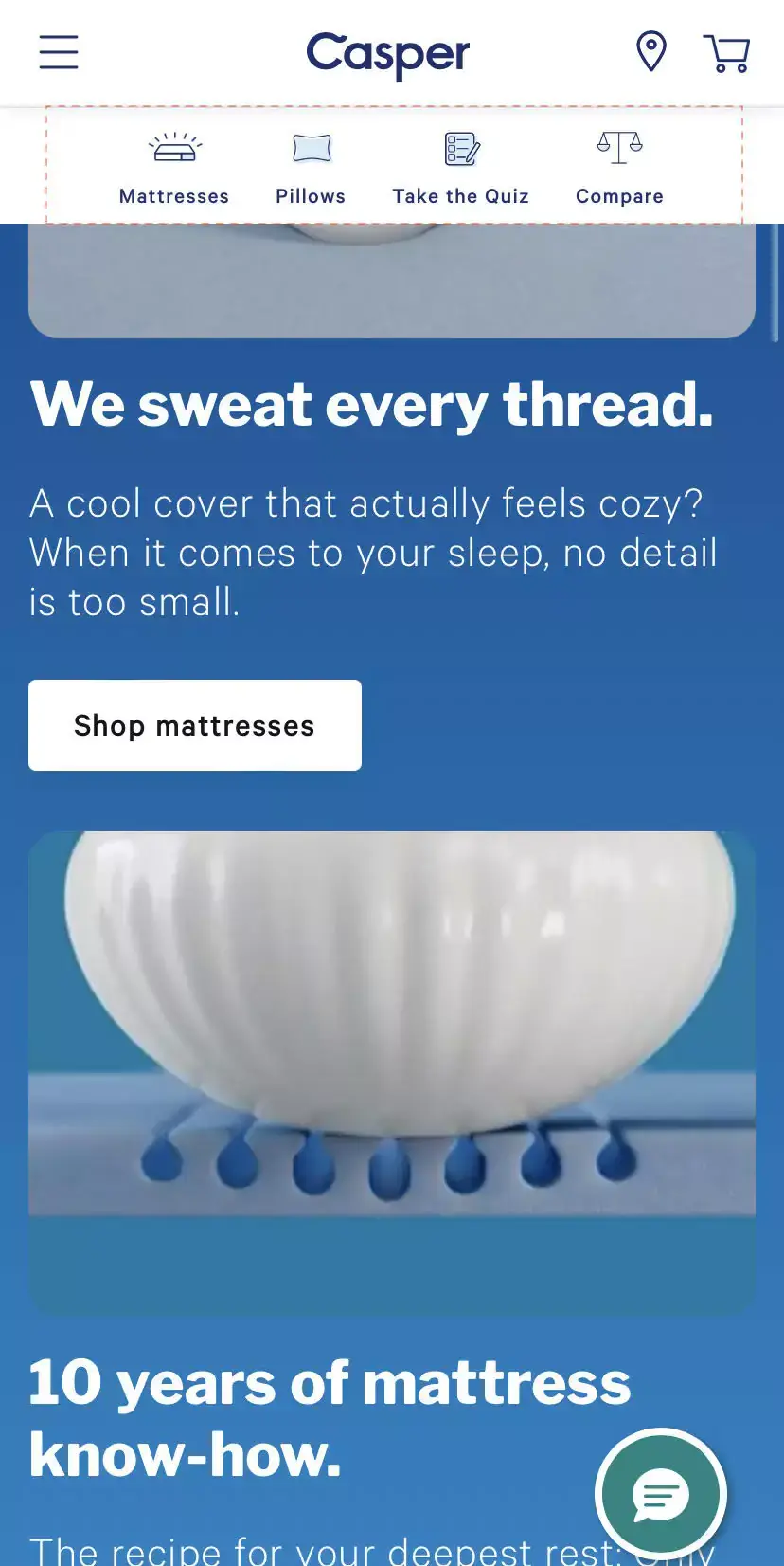 Casper website optimization example shows important action call-outs for mobile users