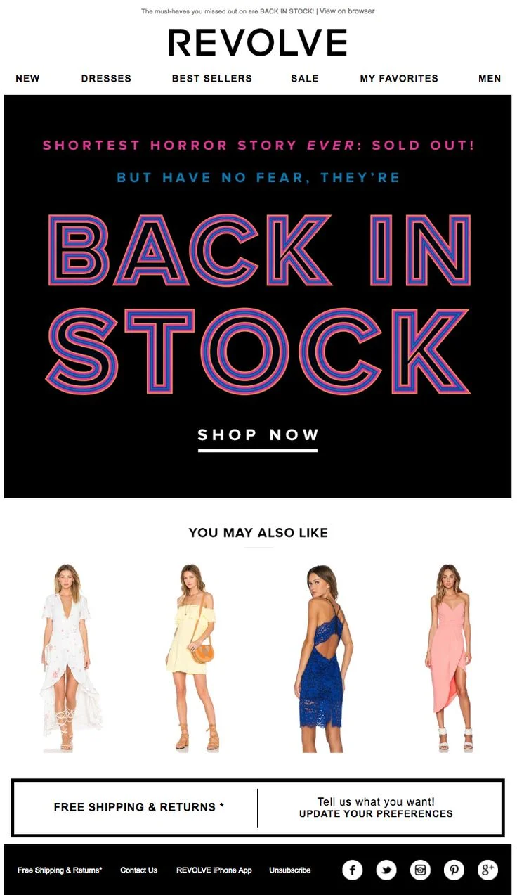 Revolve sends back in stock emails as part of its clothing store marketing strategies