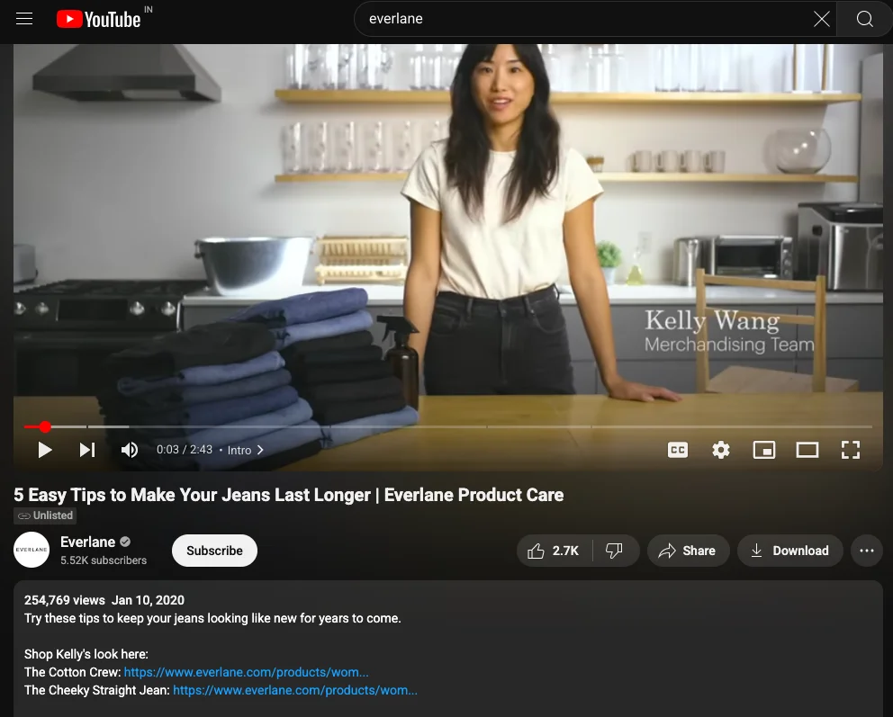 Everlane runs a Youtube channel for online clothing store promotions