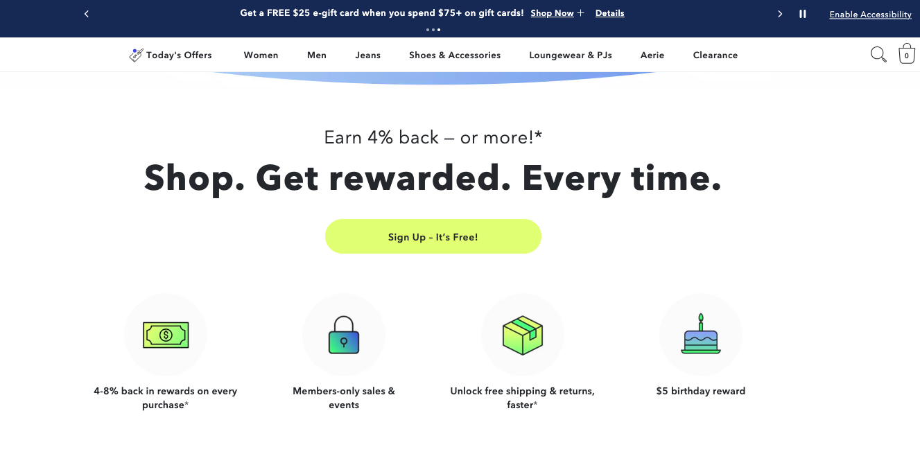 American Eagle issues a reward cashback to loyalty members to promote eCommerce clothing business