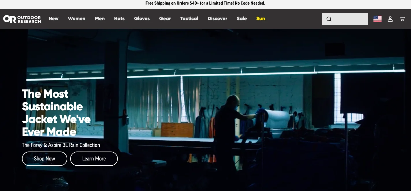 Outdoor Research optimizes their website hero header as a clothing store promotion tactic