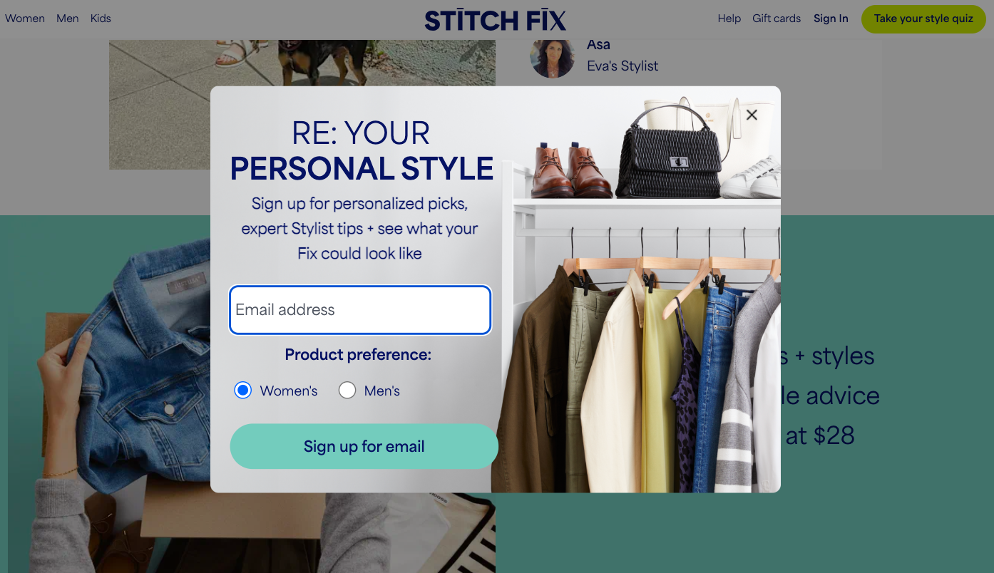 Stitch Fix pop-up example shows deep personalization as one of the clothing store marketing strategies