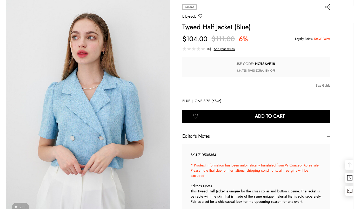 W Concept optimizes the product page first fold to attract more clothing store ad visitors