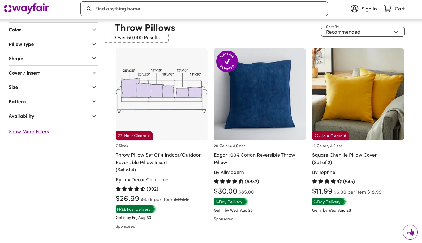 Wayfair features a huge number of products to stand apart from other brands in an eCommerce competitor analysis