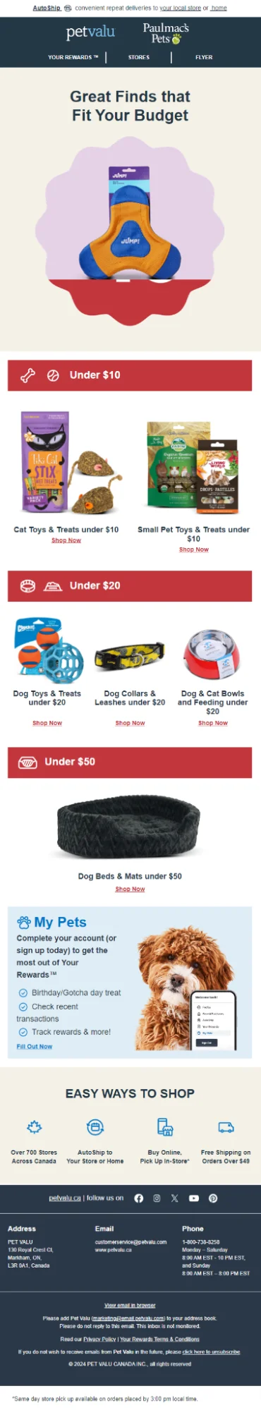 Upsell email example from Pet Valu