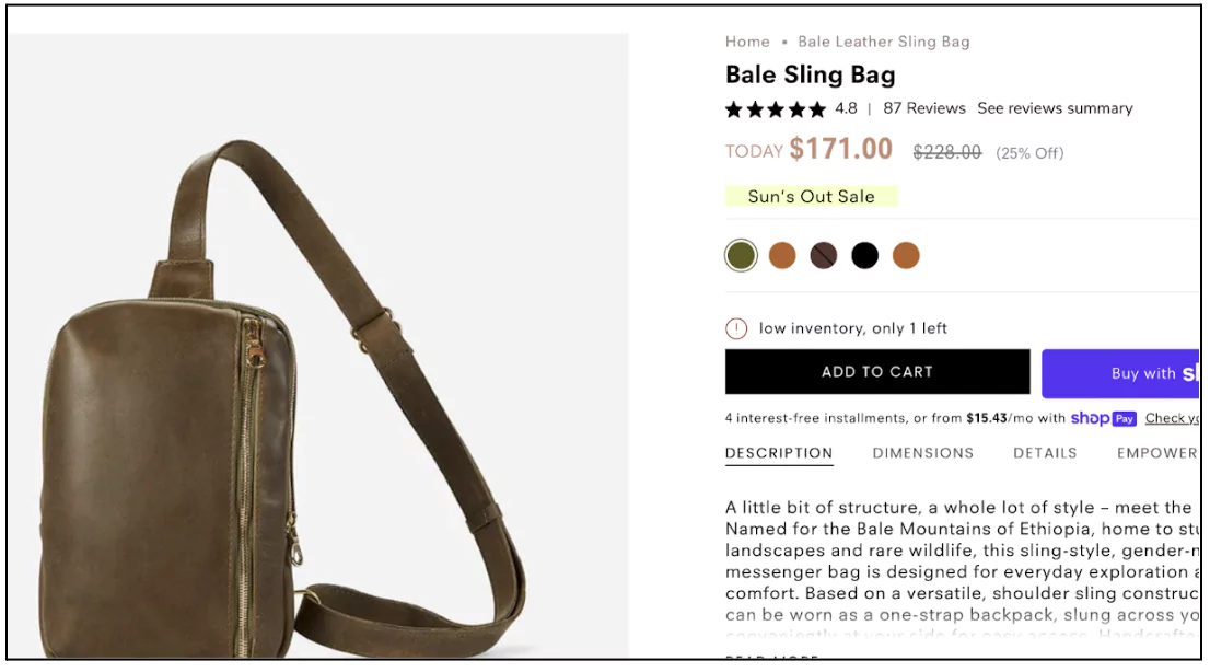 Price anchoring on product page