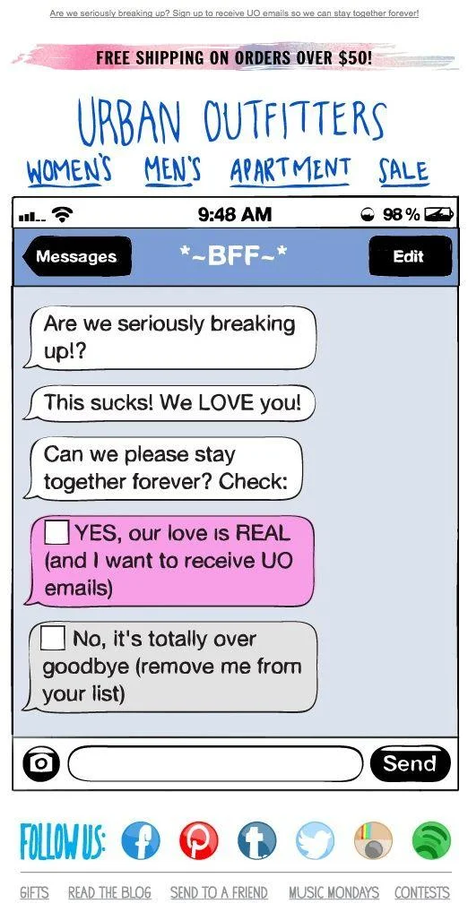 Urban Outfitters sends re engagement emails to reduce unsubscribe rate