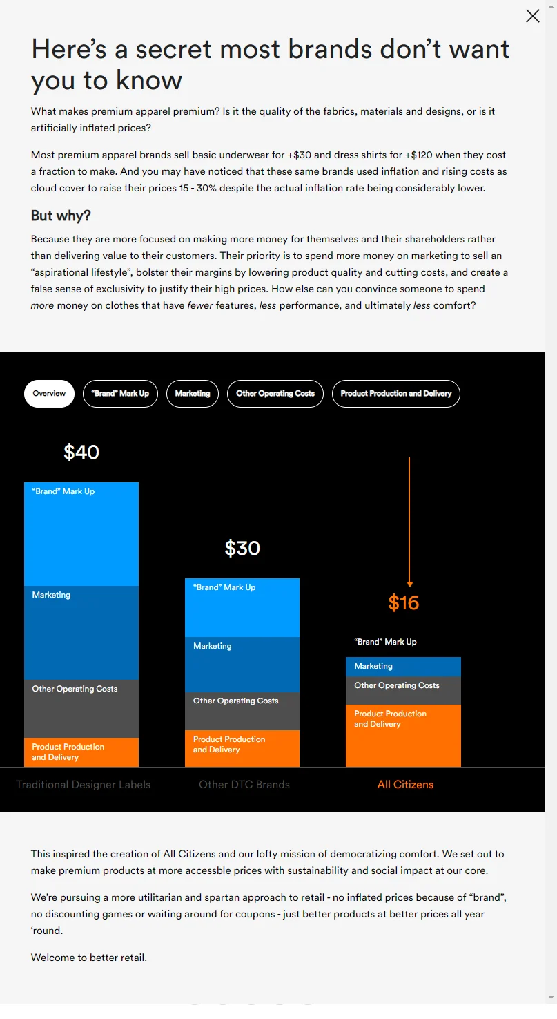 Cause marketing explanation through a pop-up section