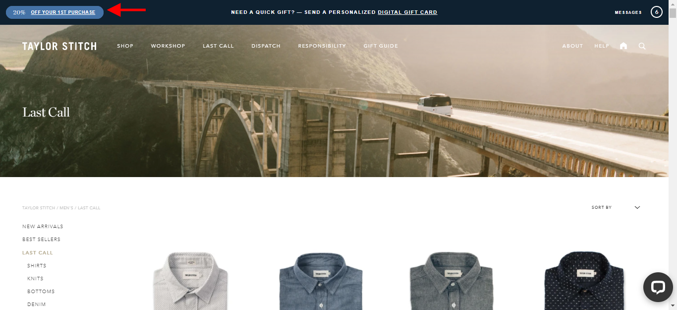 Taylor Stitch Navigation Bar Nudge - nudge marketing examples