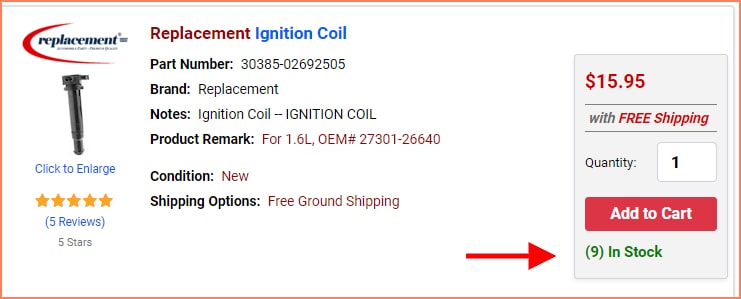 Partsgeek scarcity tactic on product page