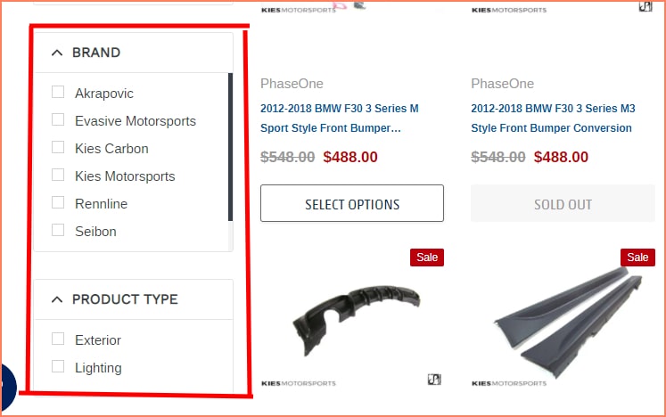 Kies Motorsport check box filters by category