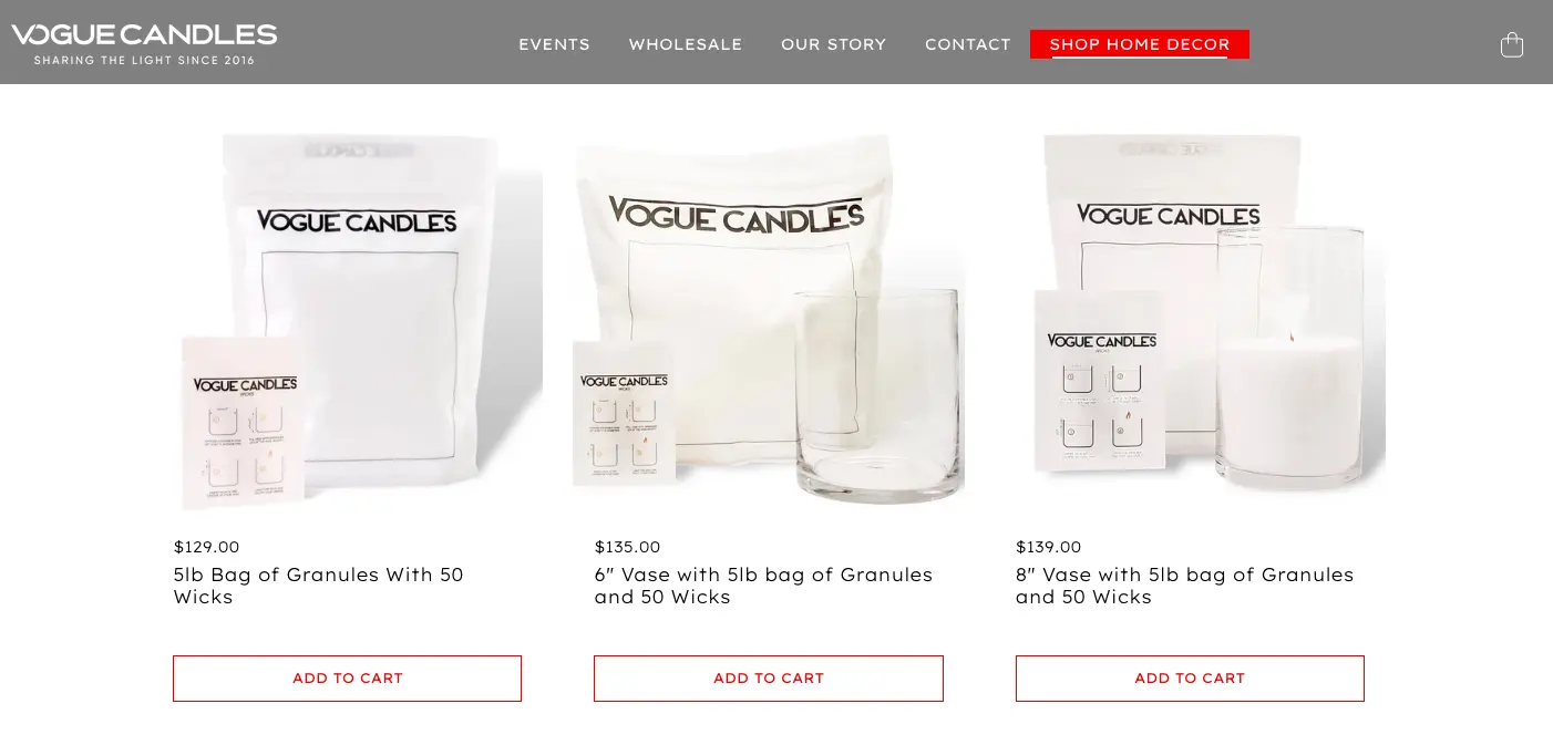 Vogue Candles features multiple product variations on ad landing page to improve return on ad spend