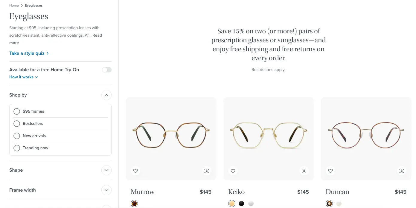 Warby Parker makes their site engaging to earn more than the typical eCommerce ROAS