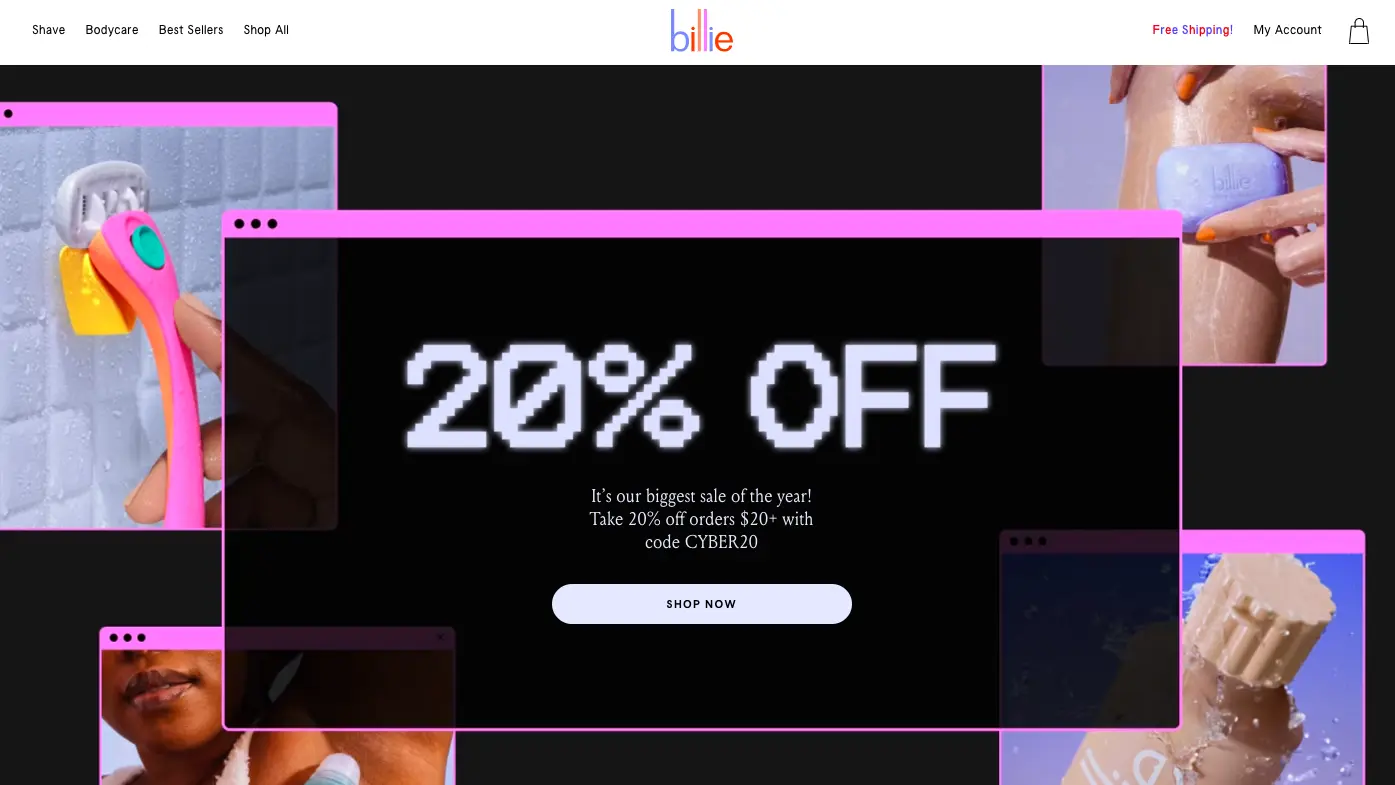 Billie shows compelling popups on landing pages to improve returns from ads