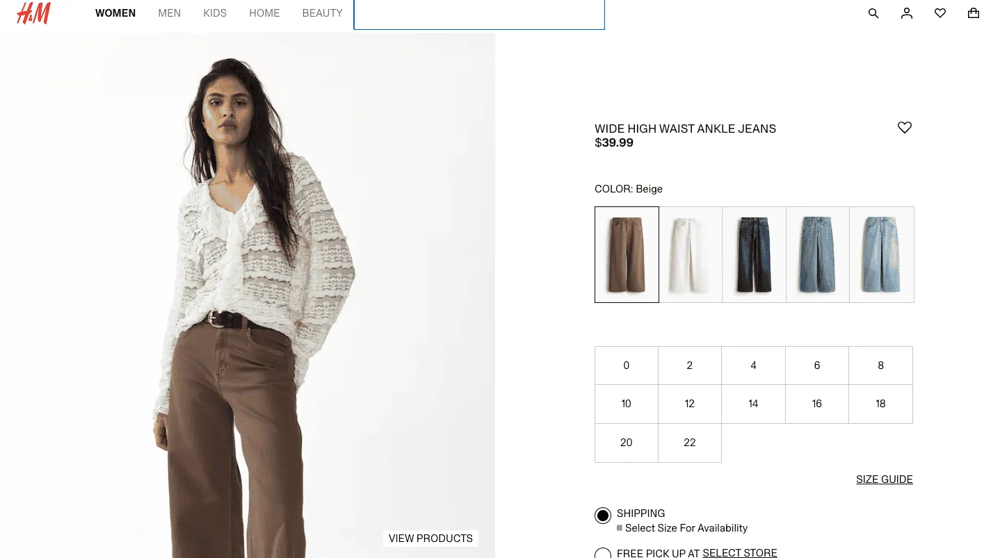 H and M product page example