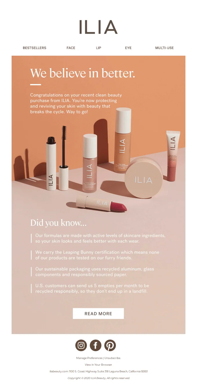 Ilia sends a whole lot of information about their brand in this email
