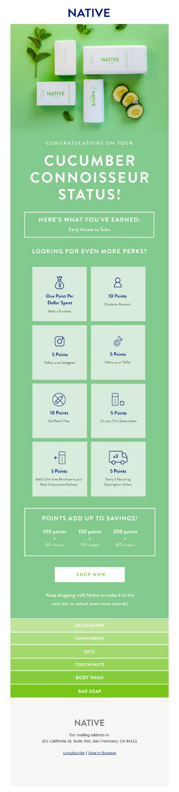 Native's loyalty program helps increase sales from their emails