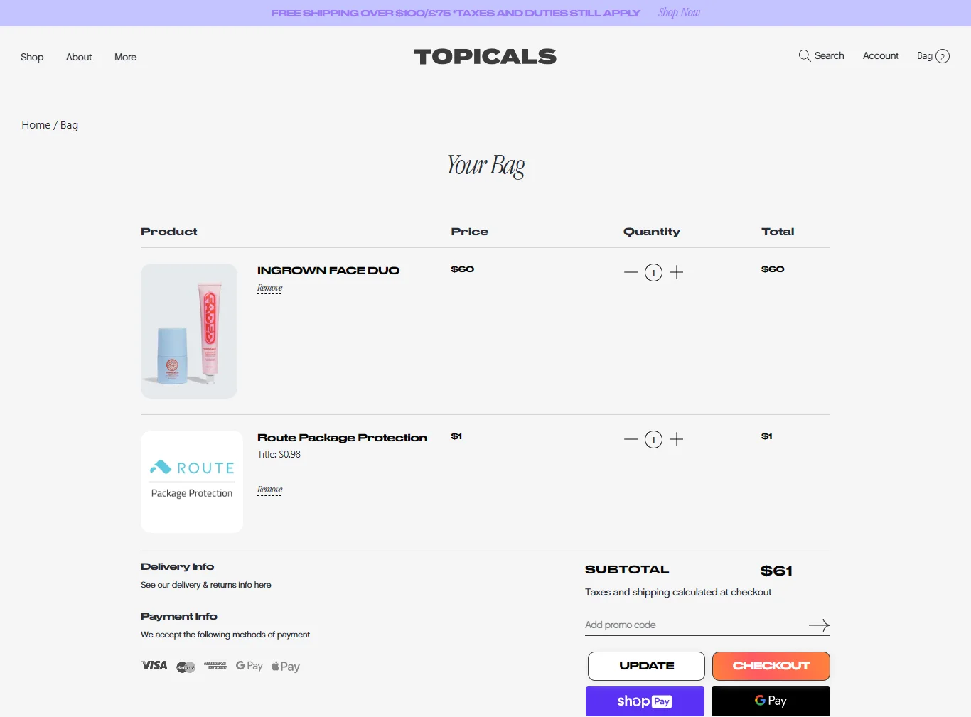 Topicals eCommerce shopping cart design