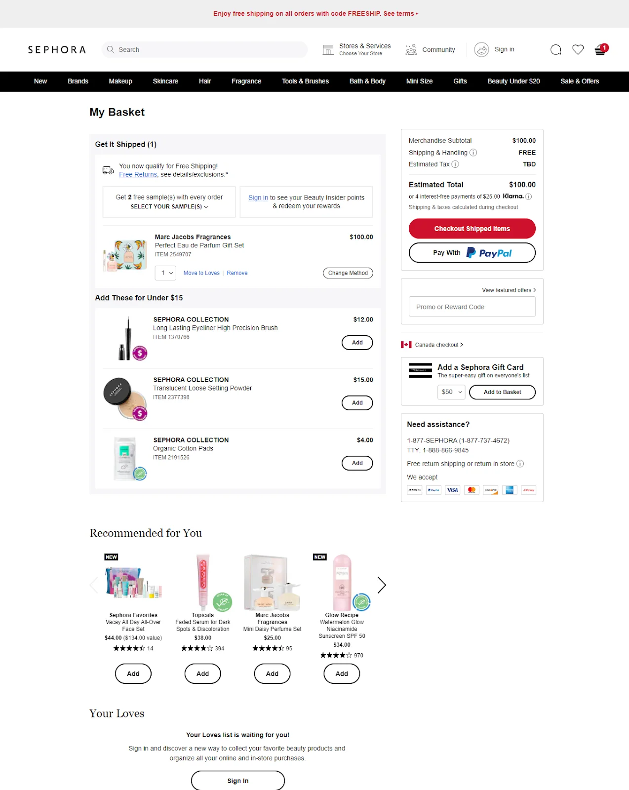 Sephora eCommerce cart design example
