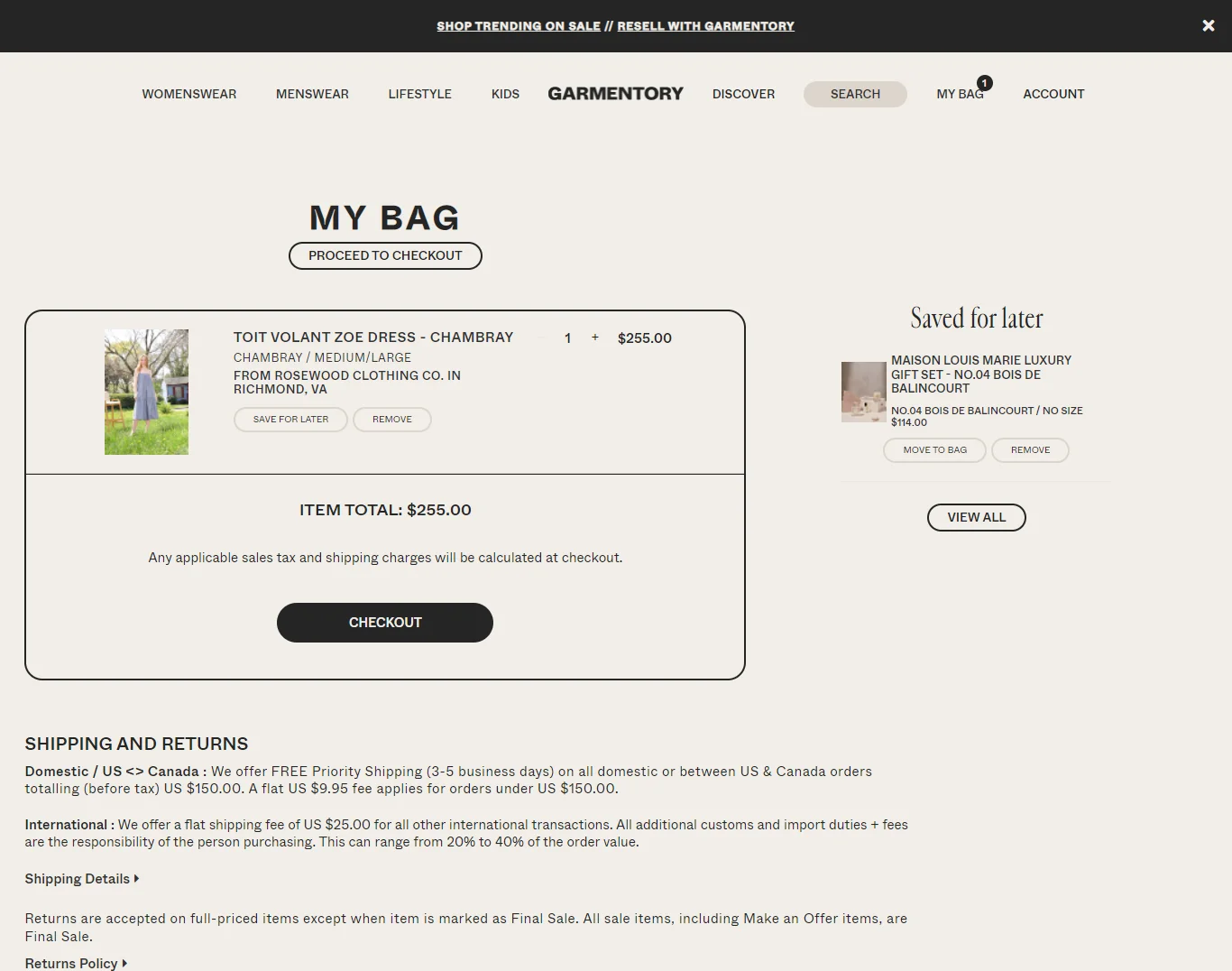 Garmentory shopping cart website design