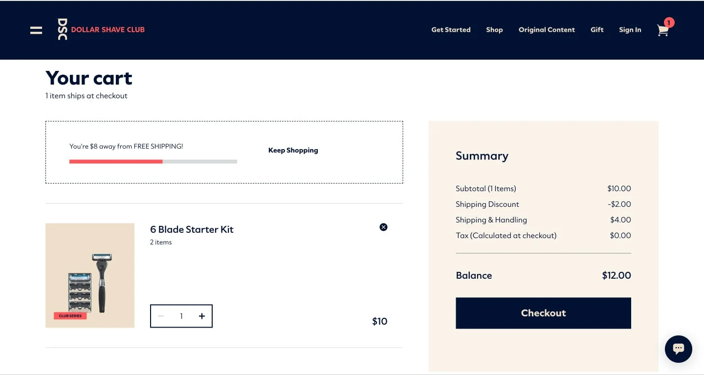 Dollar Shave Club eCommerce cart design
