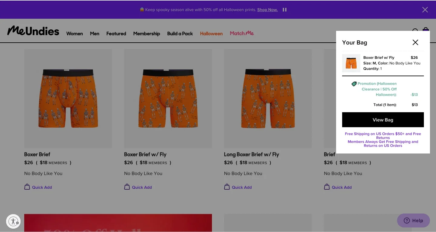 MeUndies cart preview UX design example