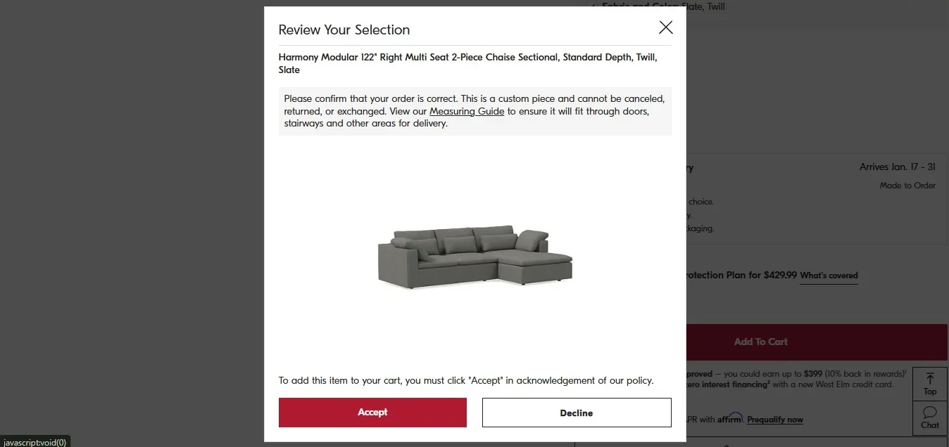 West Elm's cart page warning about returns