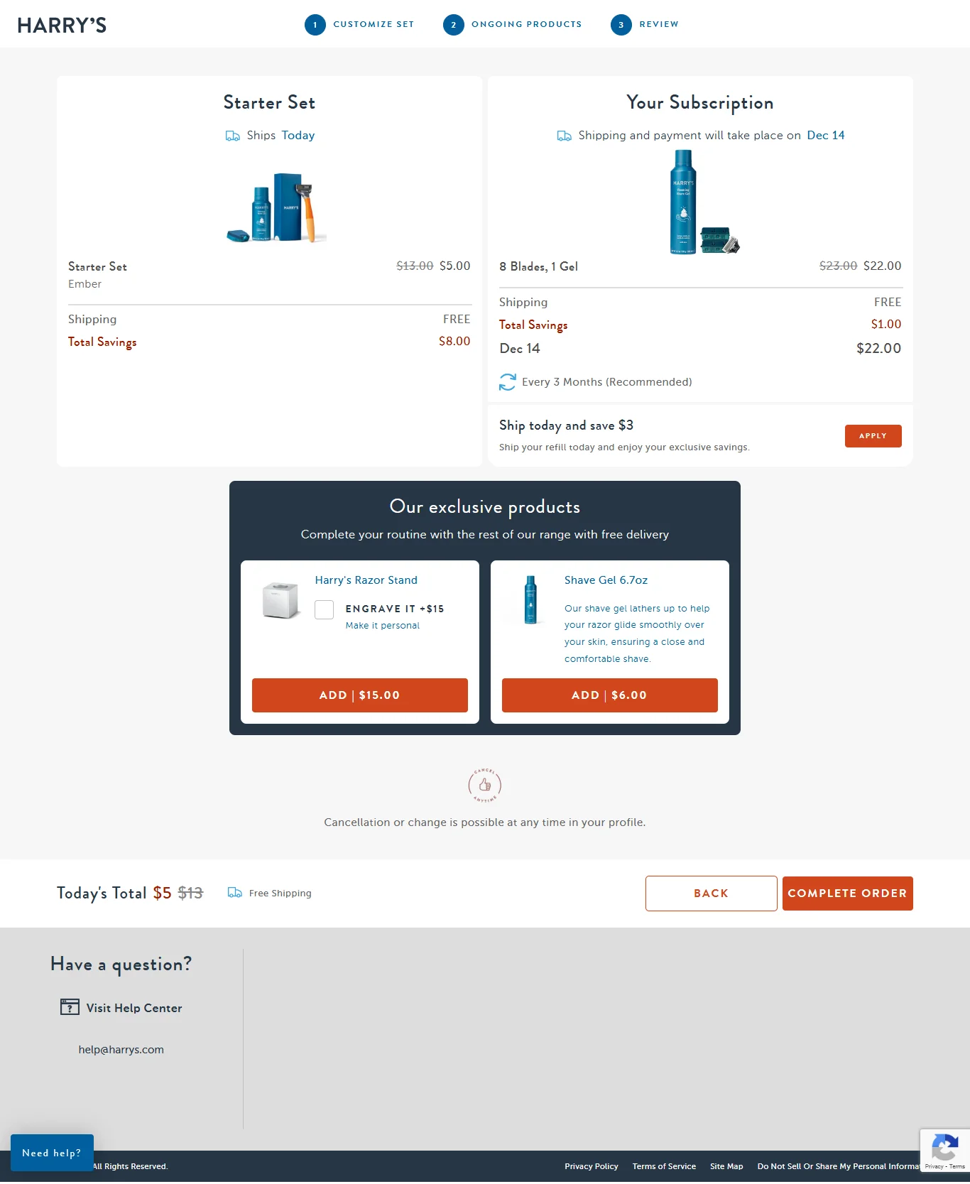 Harry's treats the cart page design differently for subscriptions