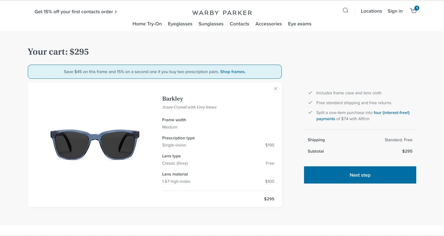 Warby Parker shopping cart design example