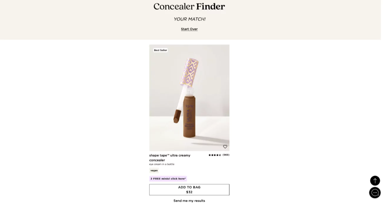 Product quiz result ecommerce website