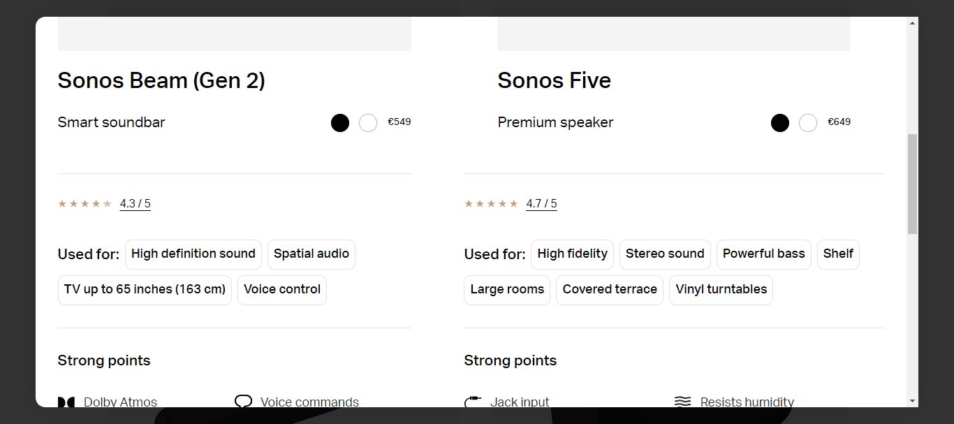 Product comparison table example: Sentiments