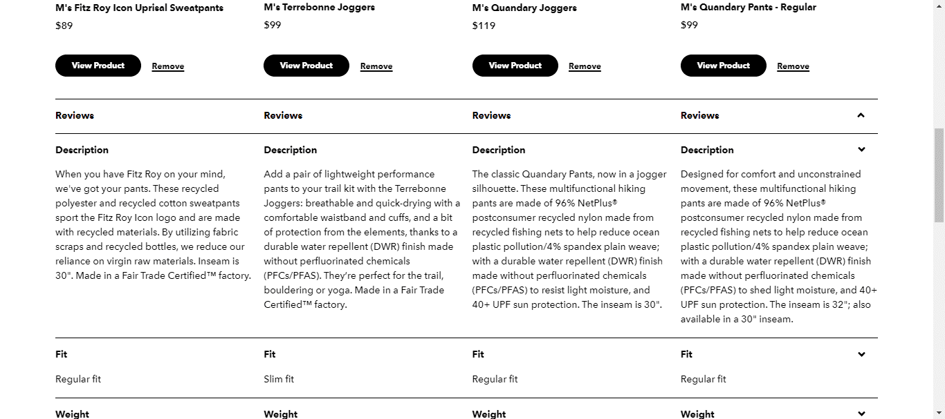 Product comparison design: Description
