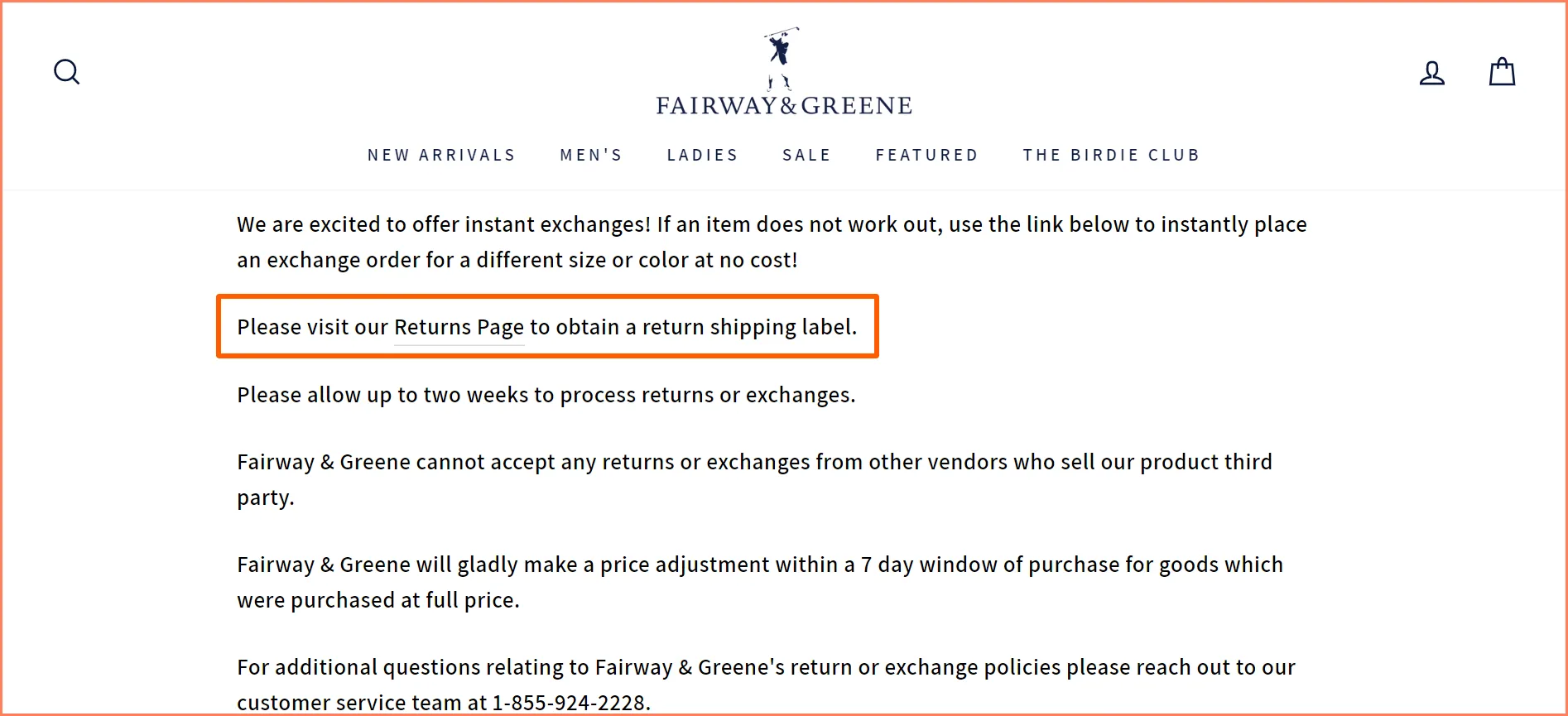 fairway and greene return policy example