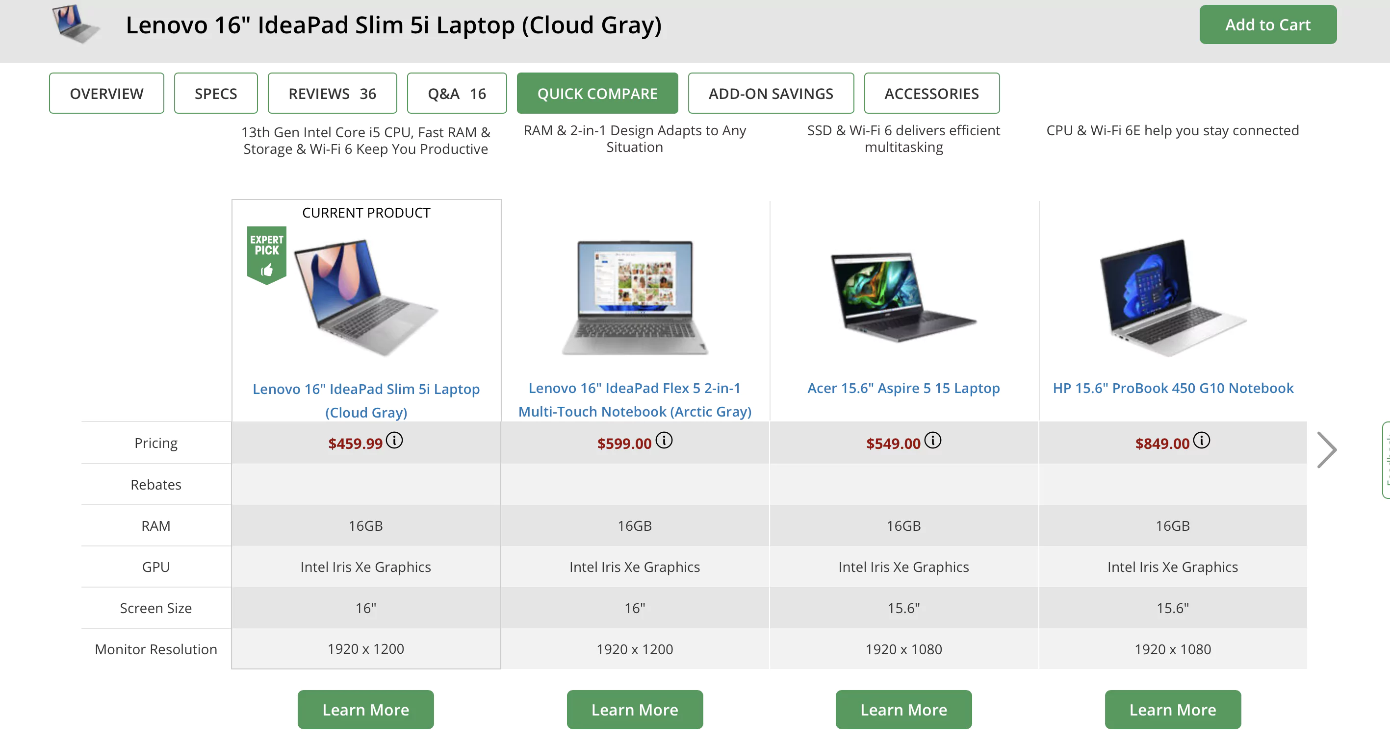 Product comparison table on ecommerce website