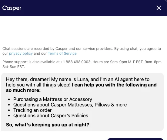 Casper Luna chatbot AI for eCommerce example