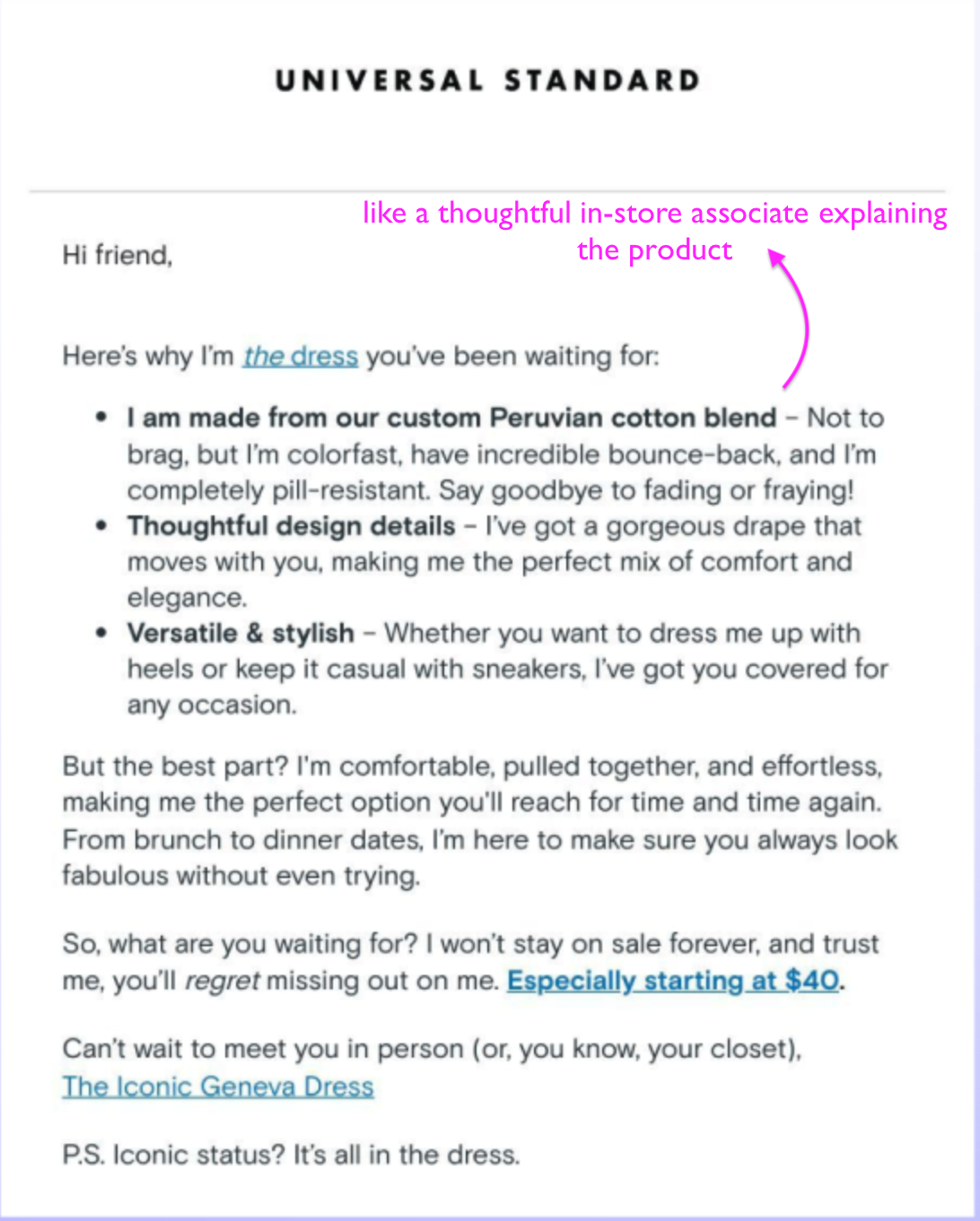 Understanding Luxury Email Marketing: Email with personalized copy from Universal Standard