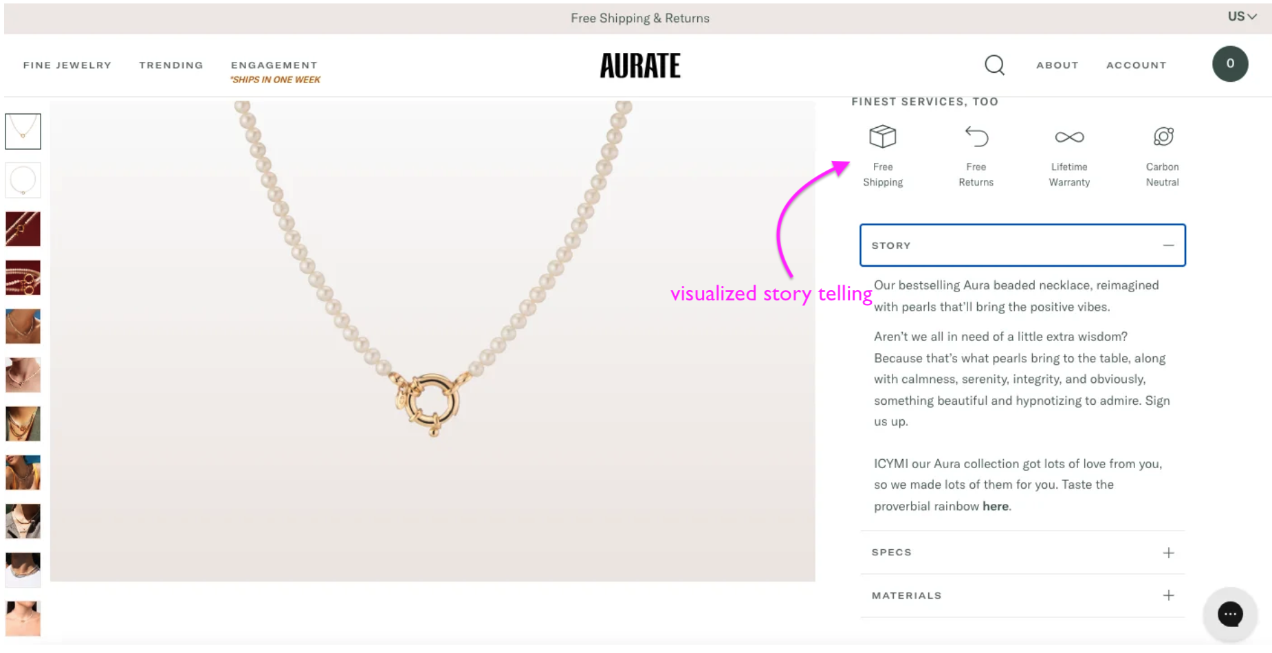Jewlery product description that invokes desire - product page example by Aurate