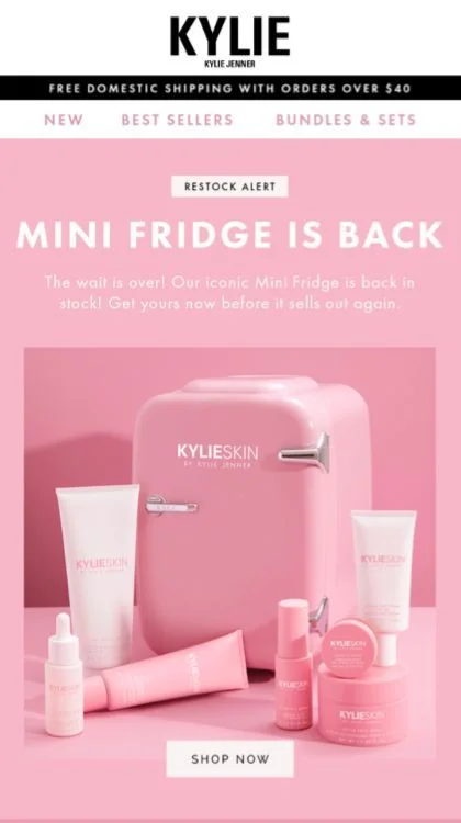 Kylie Cosmetics product recommendation highlighting only one bestseller to enhance ROI email marketing