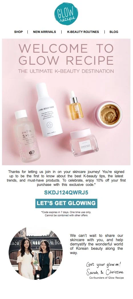 Glow Recipe welcome email with message from founders to increase ROI on email marketing