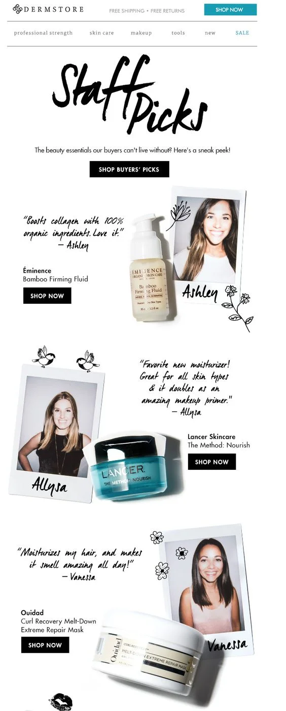 Dermstore promotional email mixes social proof and recommendations to boost eCommerce email marketing ROI
