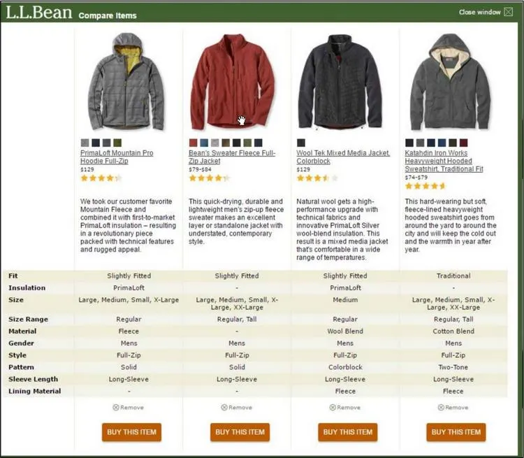LL Bean Comparison Tool Example