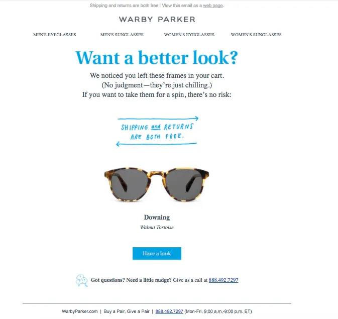 Warby Parker Cart Abandonment Email Example