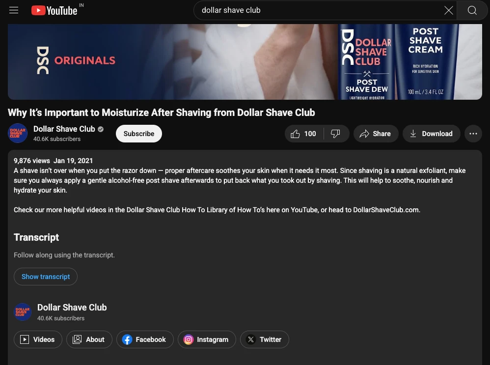 Dollar Shave Club Single Topic Video Example