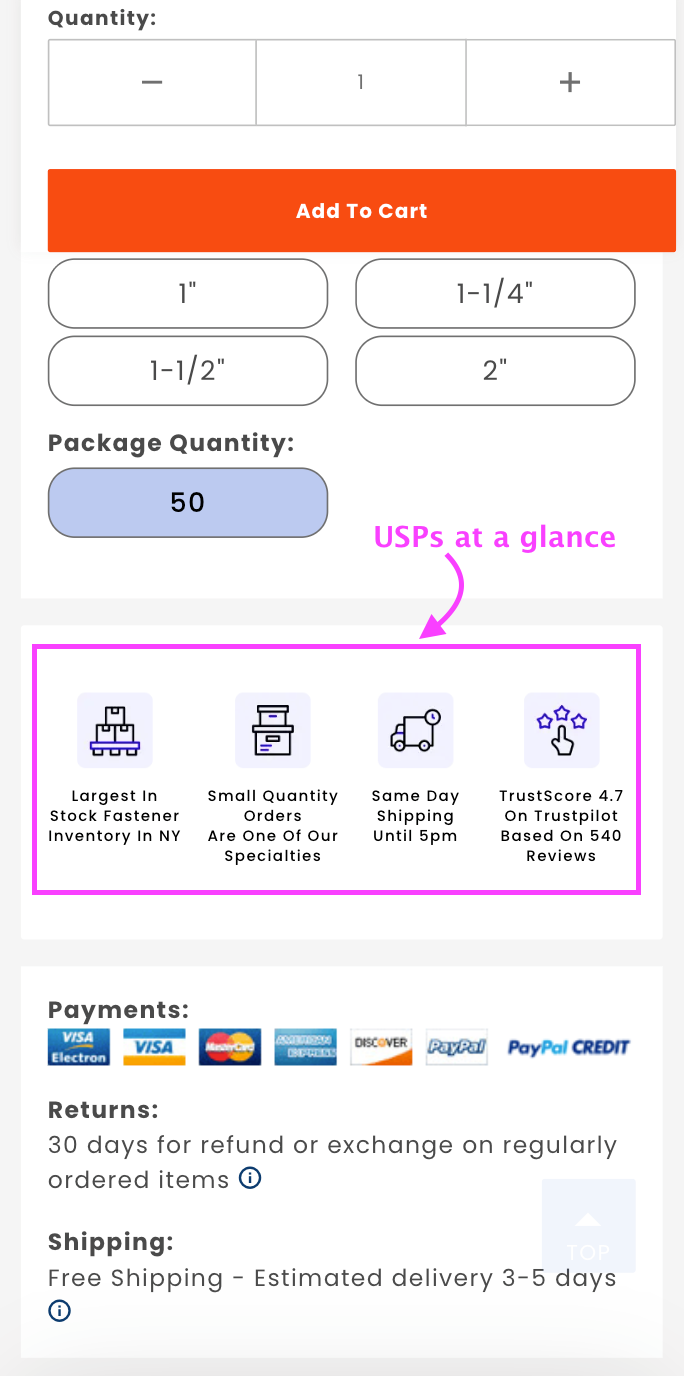 Fastenere product page highlighting key USPs like free shipping, warranties, and easy returns to increase purchase confidence