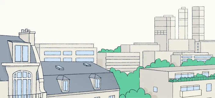 Illustration : immeubles et bureaux d'une ville européenne