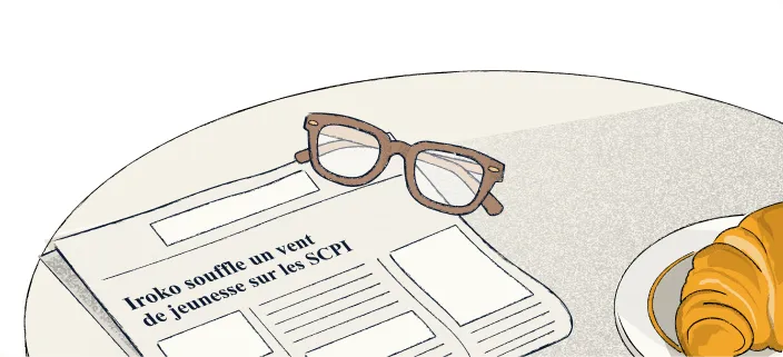 Illustration : journal, lunettes et croissant sur une table